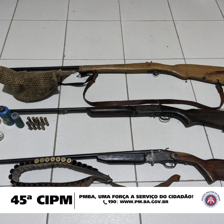 POLÍCIA MILITAR DA BAHIA, ATRAVÉS DA 45ª CIPM, APREENDE TRÊS (3) ARMAS DE FOGO NA ZONA RURAL DO MUNICÍPIO DE CURAÇÁ